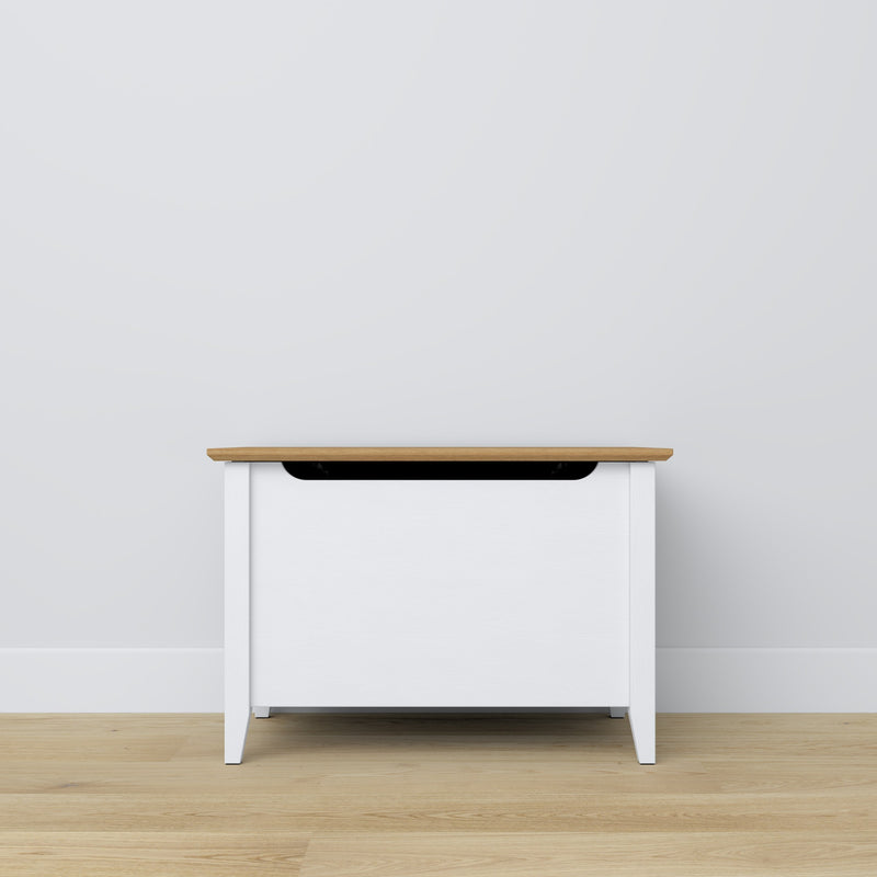 Baule in legno bianco con quercia – contenimento e seduta, stile scandinavo Nizio
