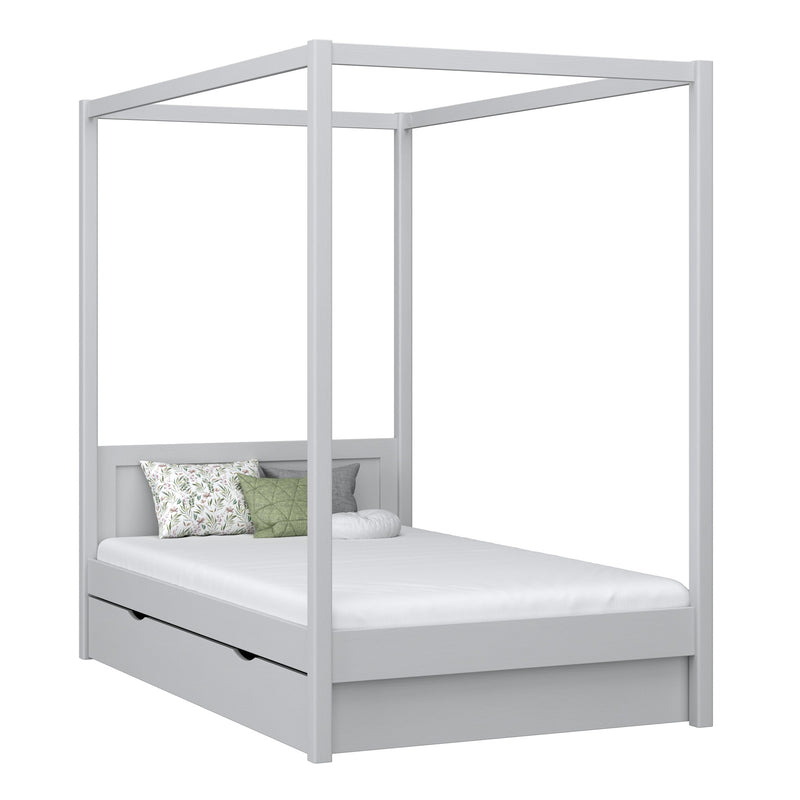 Letto con baldacchino e cassetto in legno grigio – stanza per bambini, stile scandi