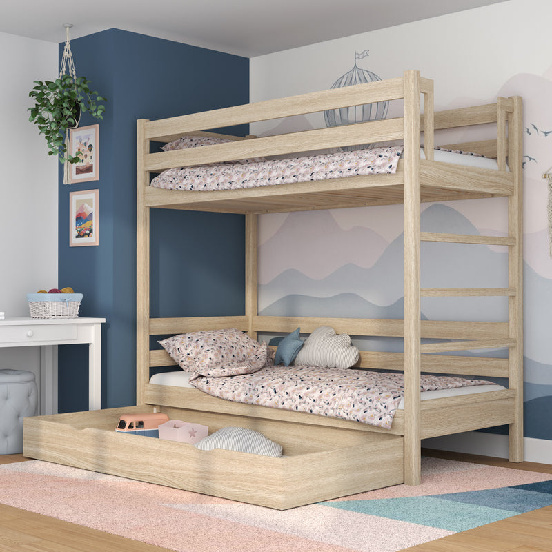 Letto a castello con cassetto in rovere sbiancata – stanza per bambini, legno massello, scandi
