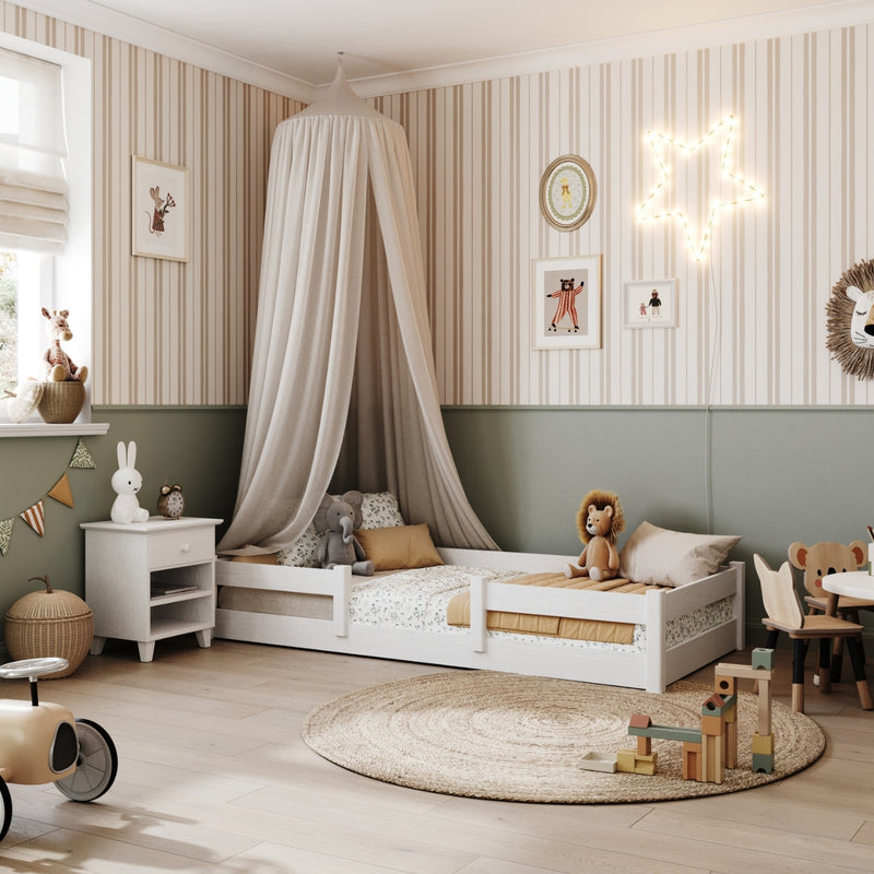 Letto basso in legno bianco – della camera da lettoa, legno massello, stile scandinavo Nizio