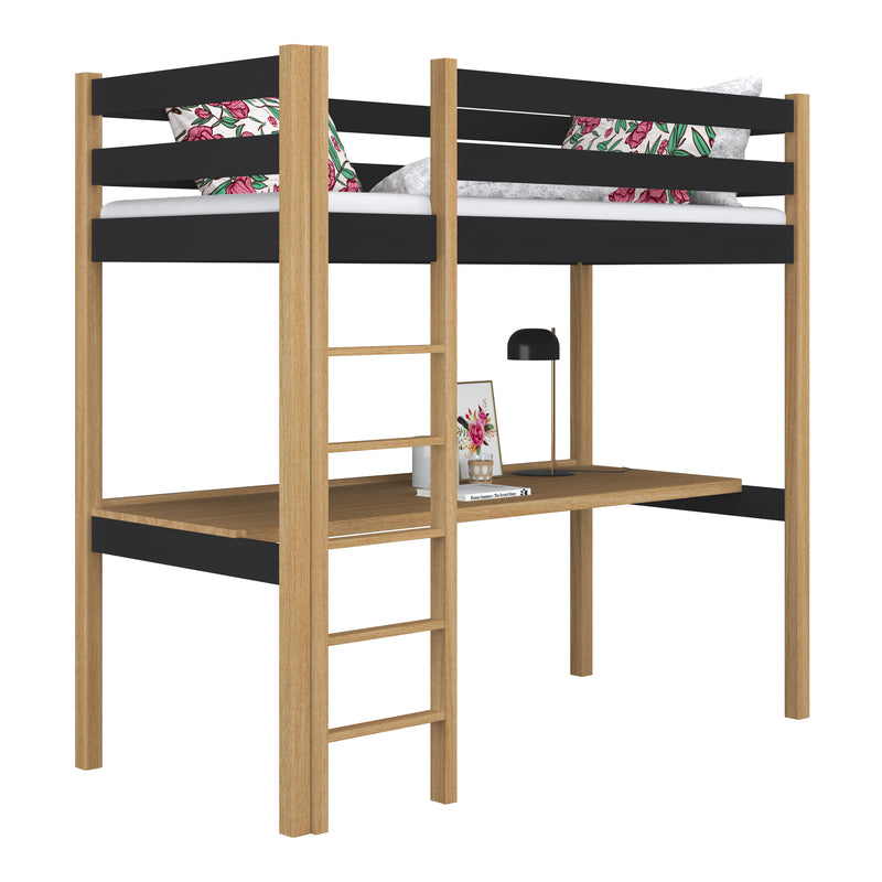 Black and Oak Wooden Loft Bed with Desk – Children’s Room, Scandi Nizio