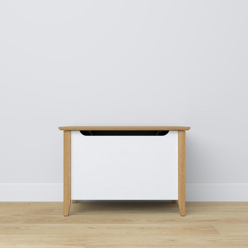 Baule in legno bianco con quercia – contenimento e seduta, stile scandinavo Nizio