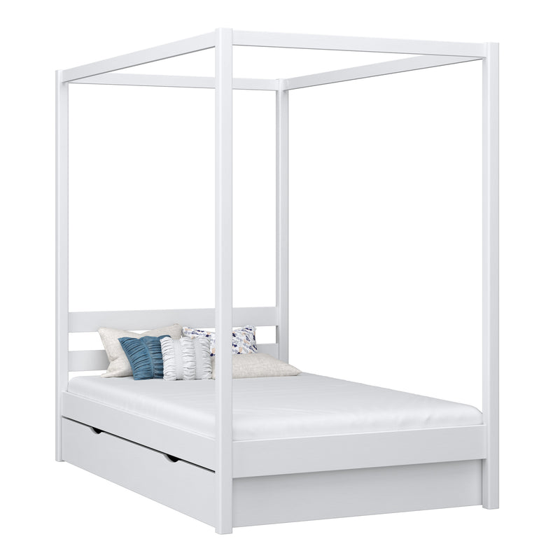 Letto con baldacchino e cassetto in legno bianco – stanza per bambini, stile scandi