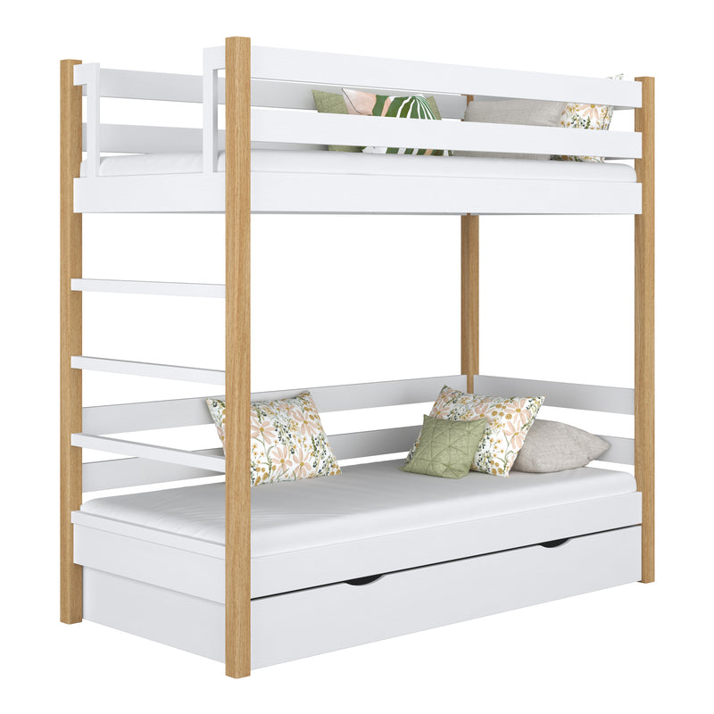 Letto a castello con cassetto in legno bianco-quercia – stanza per bambini, legno massello, scandi