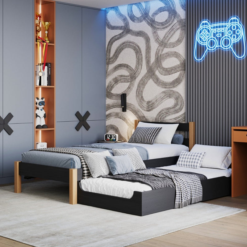 Wooden bed with mattress drawer black-oak – child’s room, scandi Nizio