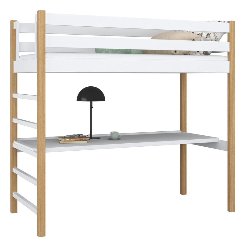 Letto a soppalco con scrivania in legno bianco-quercia – stanza per bambini, scandi Nizio