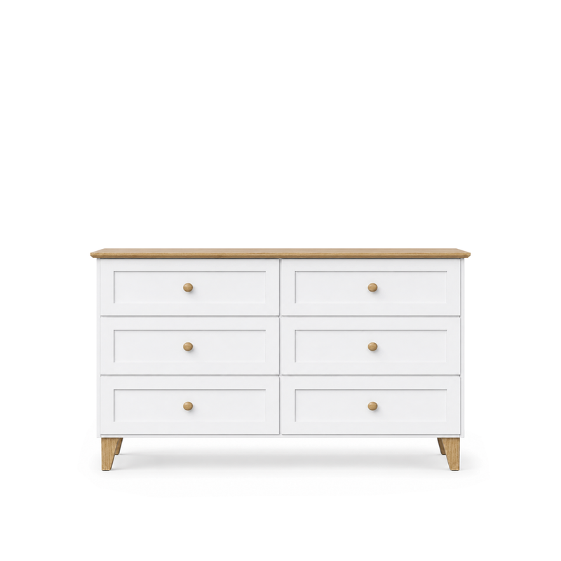 Chest of drawers with 6 drawers wooden white with oak 154 cm – bedroom, Scandinavian style