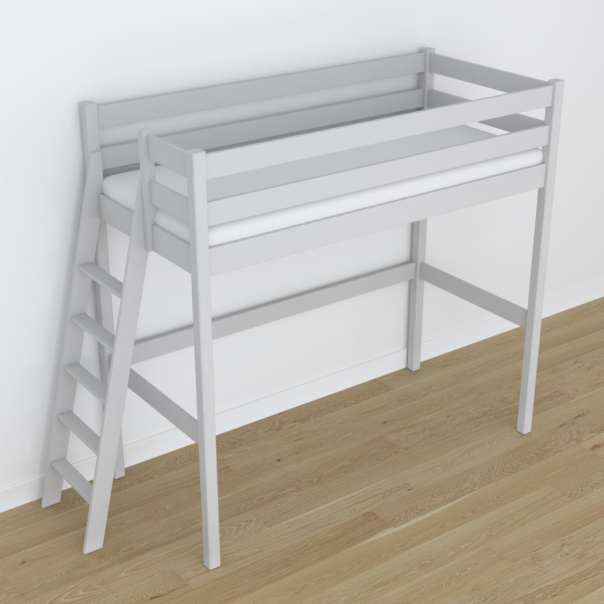 Letto a soppalco grigio in nella cameretta dei bambini – allestimento scandi, in legno