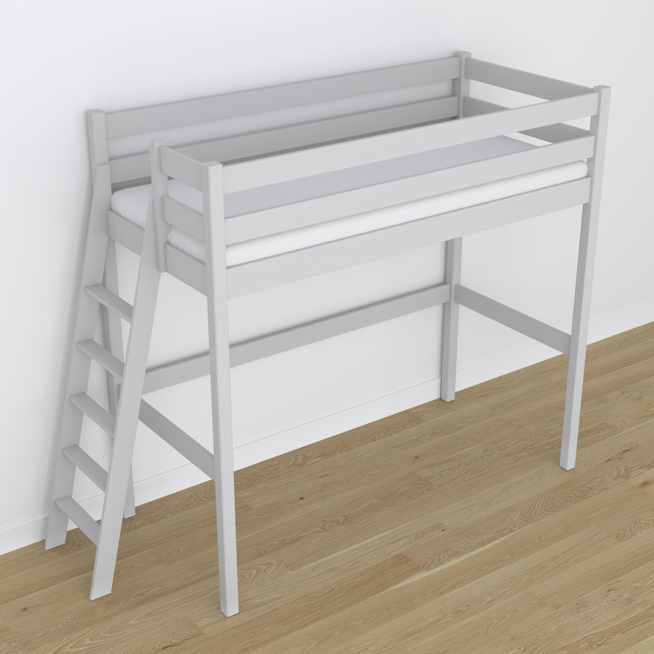 Letto a soppalco grigio in nella cameretta dei bambini – allestimento scandi, in legno