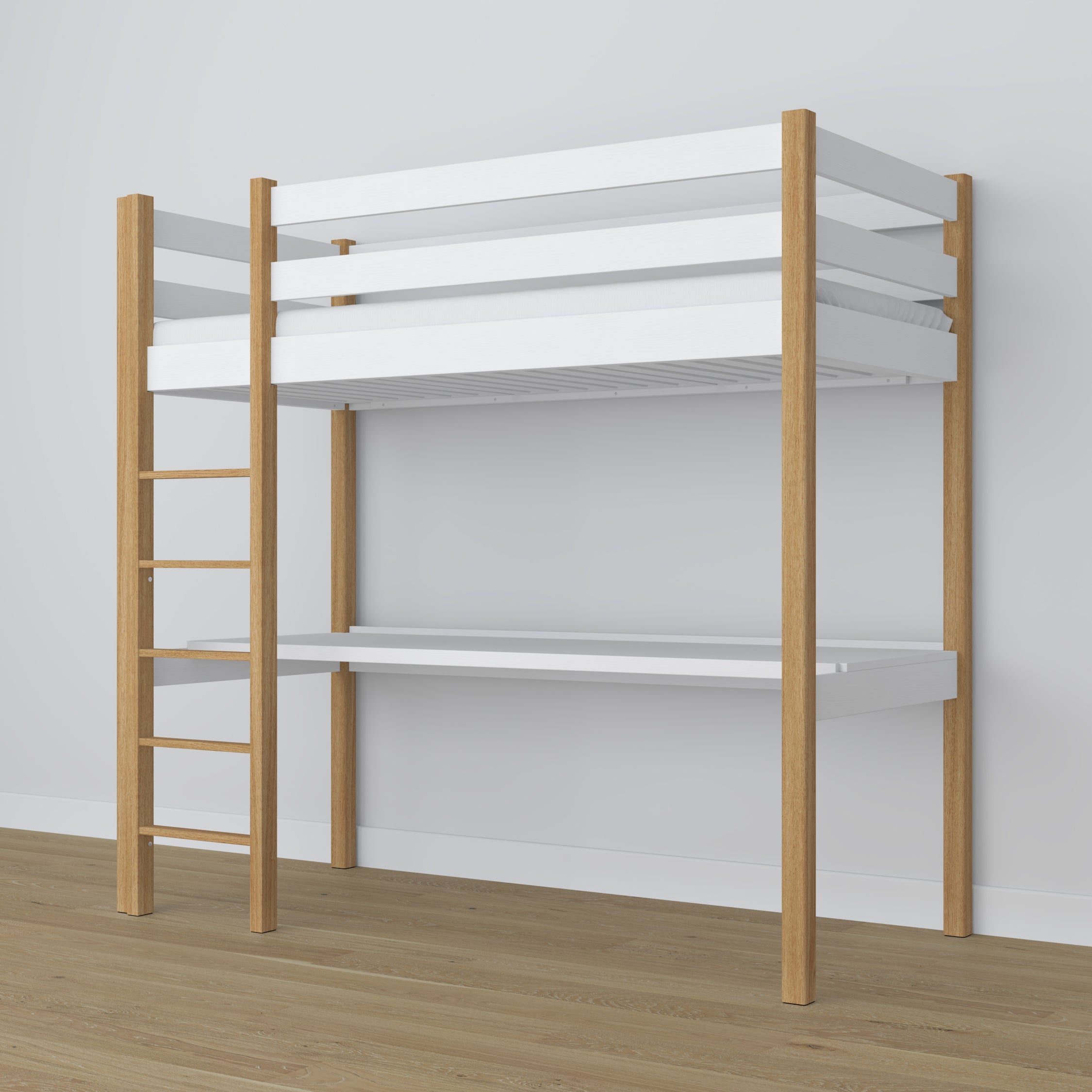Letto a soppalco con scrivania in legno bianco-quercia – dettaglio giunzioni e scala
