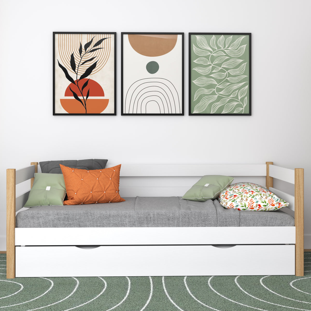 Letto divano bianco-quercia – laterale sponda in legno, vista laterale, Nizio