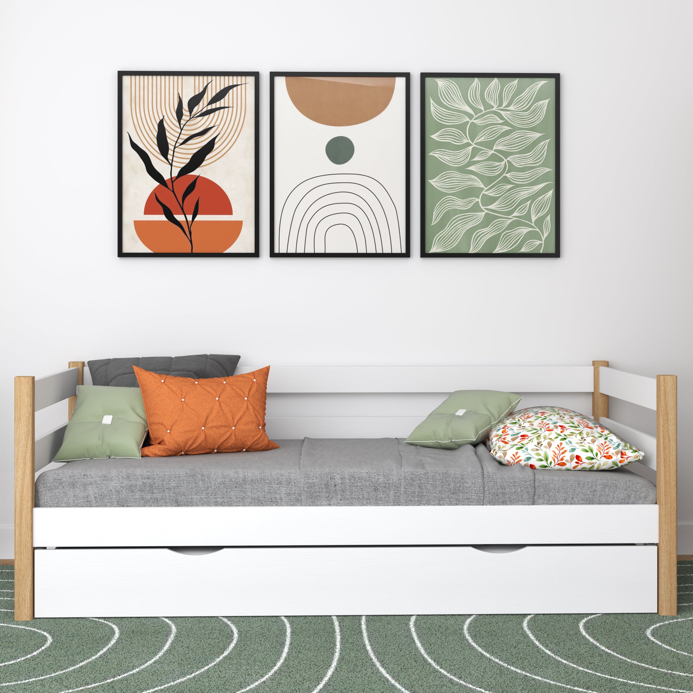 Letto divano bianco-quercia – laterale sponda in legno, vista laterale, Nizio