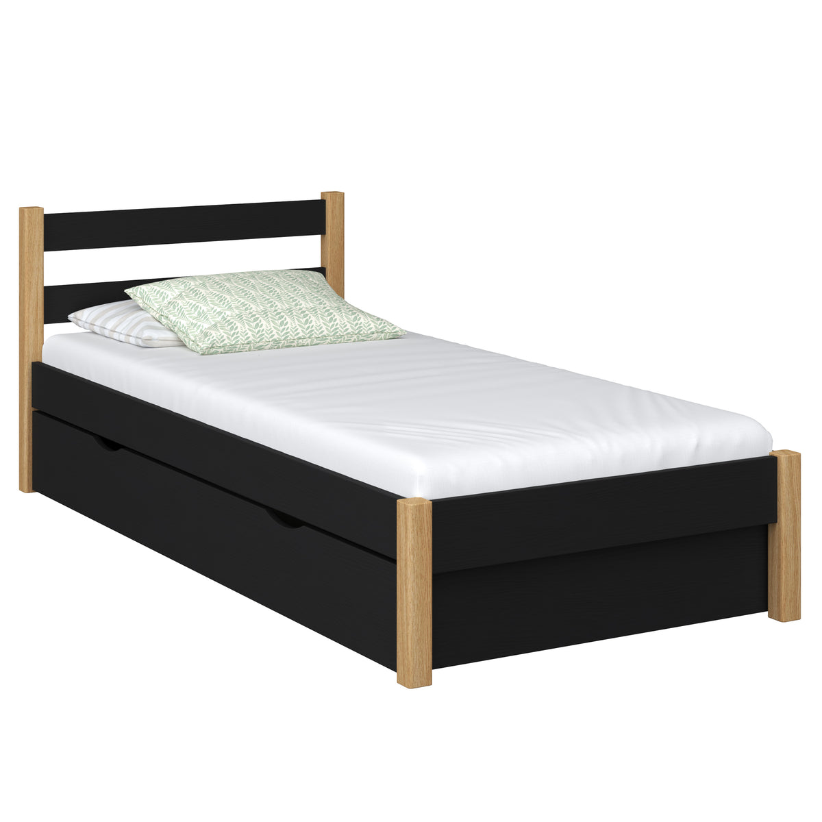 Single bed with drawer wooden black-oak – children’s room, scandi style
