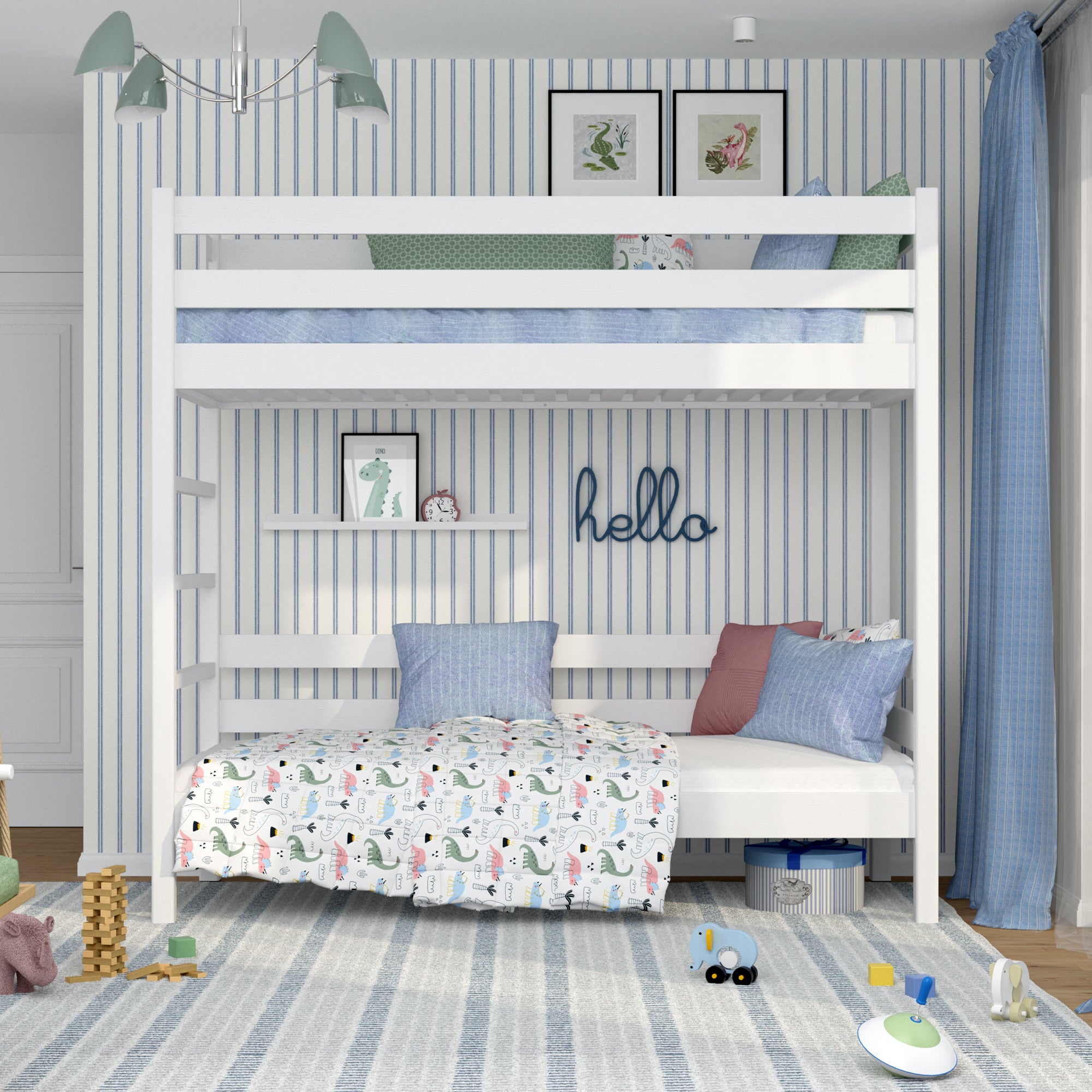 White Bunk Bed – Wooden Ladder and Safety Rail, Nizio Home