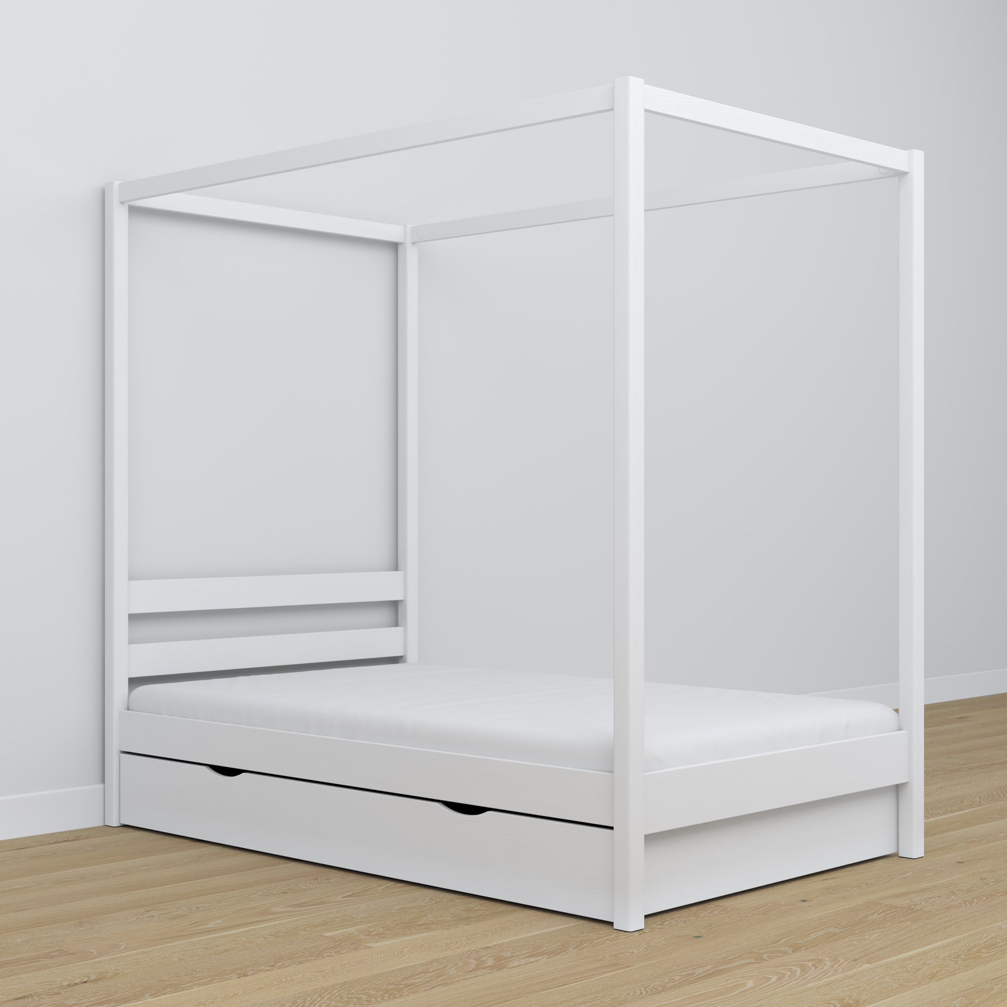 Letto con baldacchino in legno bianco in nella cameretta dei bambini – allestimento scandi