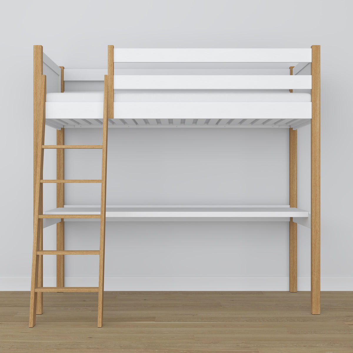 Letto a soppalco bianco-quercia in legno – vista dall'alto su camera da letto, Nizio