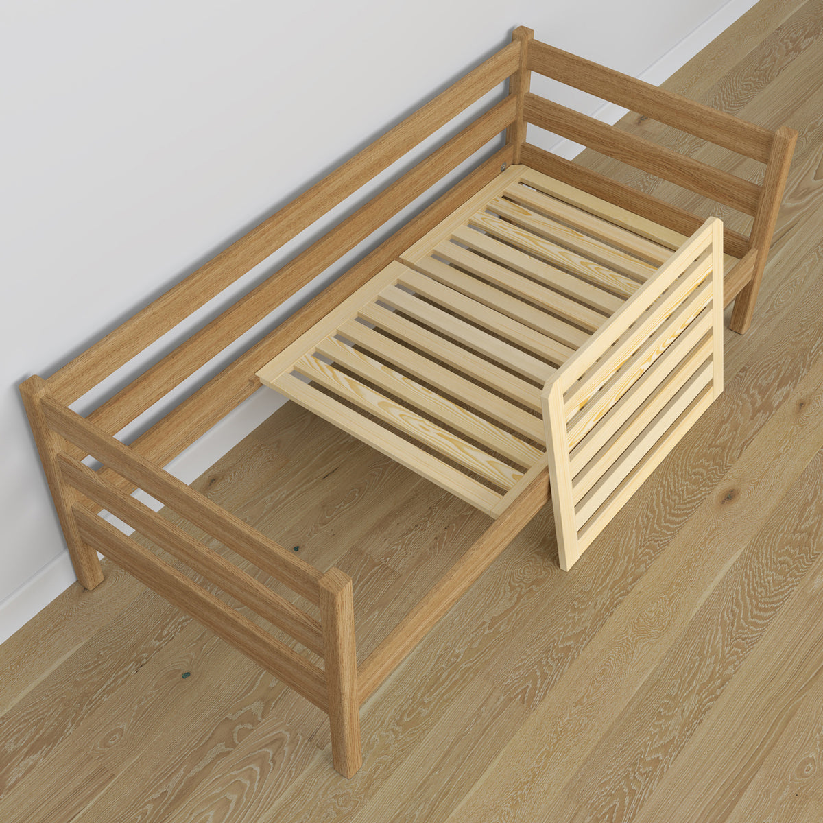Letto divano in rovere naturale – vista diagonale, scandi