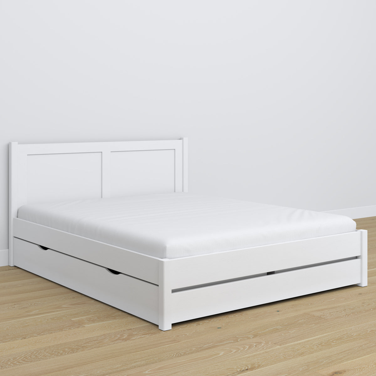 Letto matrimoniale con cassetto bianco in legno – vista laterale, Nizio
