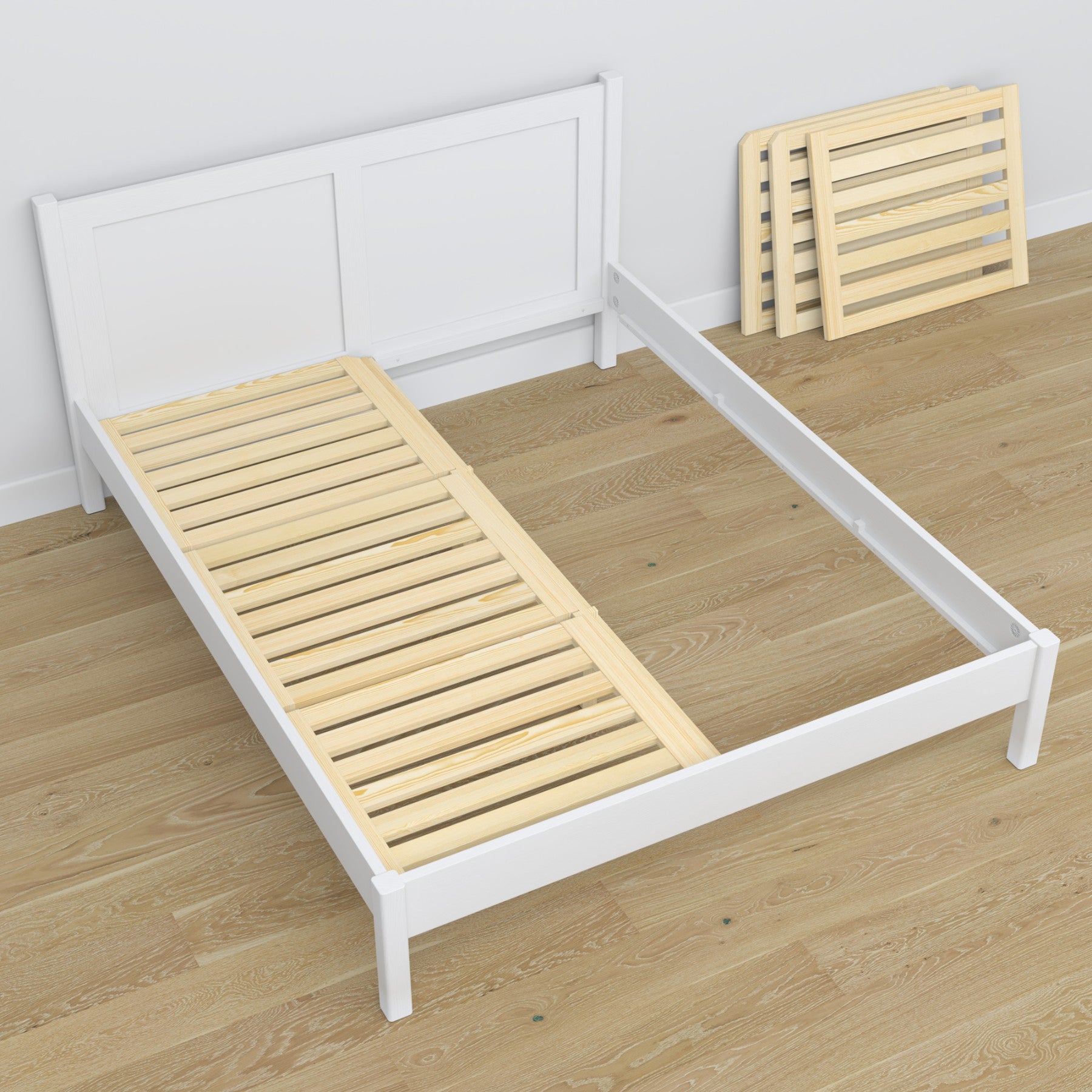 Letto matrimoniale bianco in legno – vista diagonale, scandi