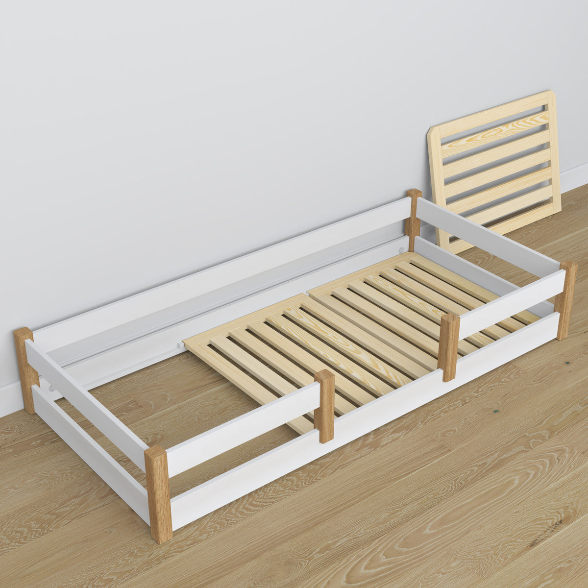 Low Bed Wooden White and Oak – Rear Section and Proportions, Scandi Bedroom