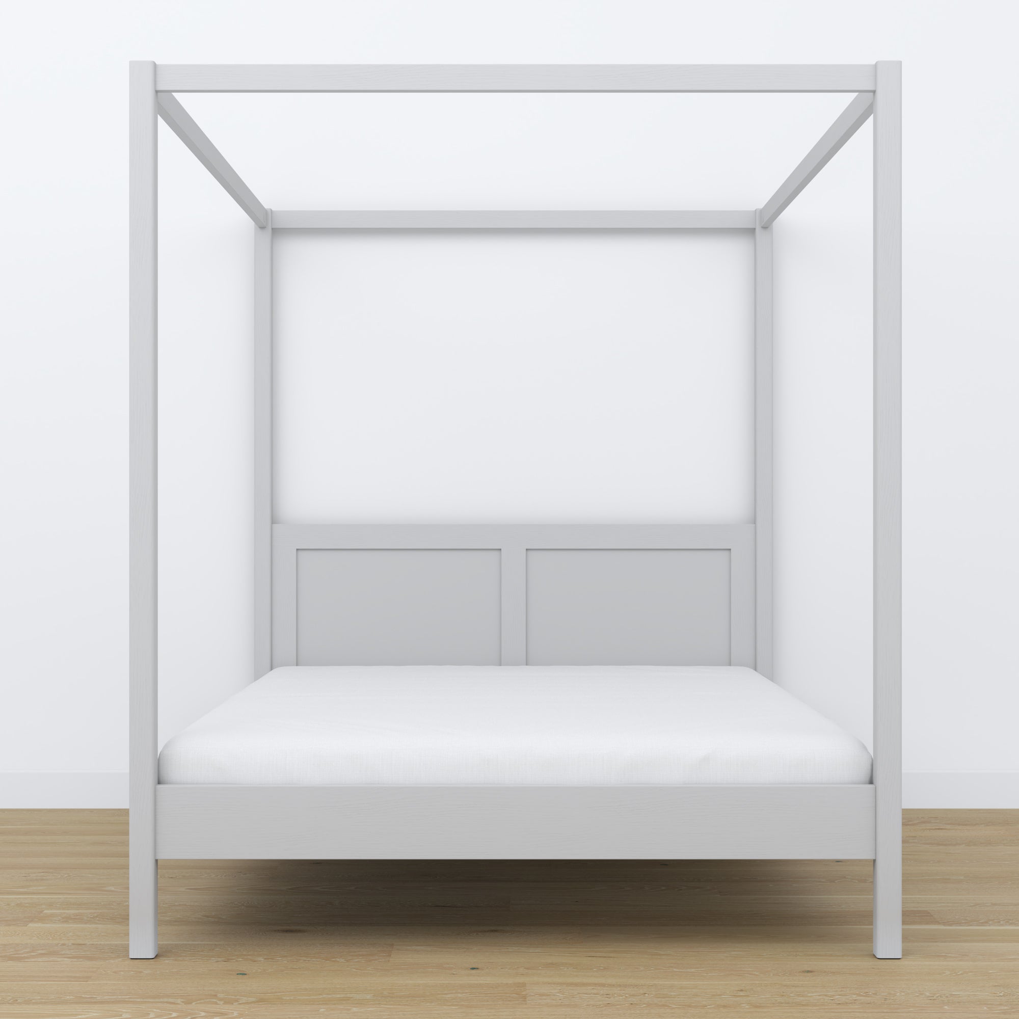 Wooden double bed with canopy grey – headboard and frame, close-up