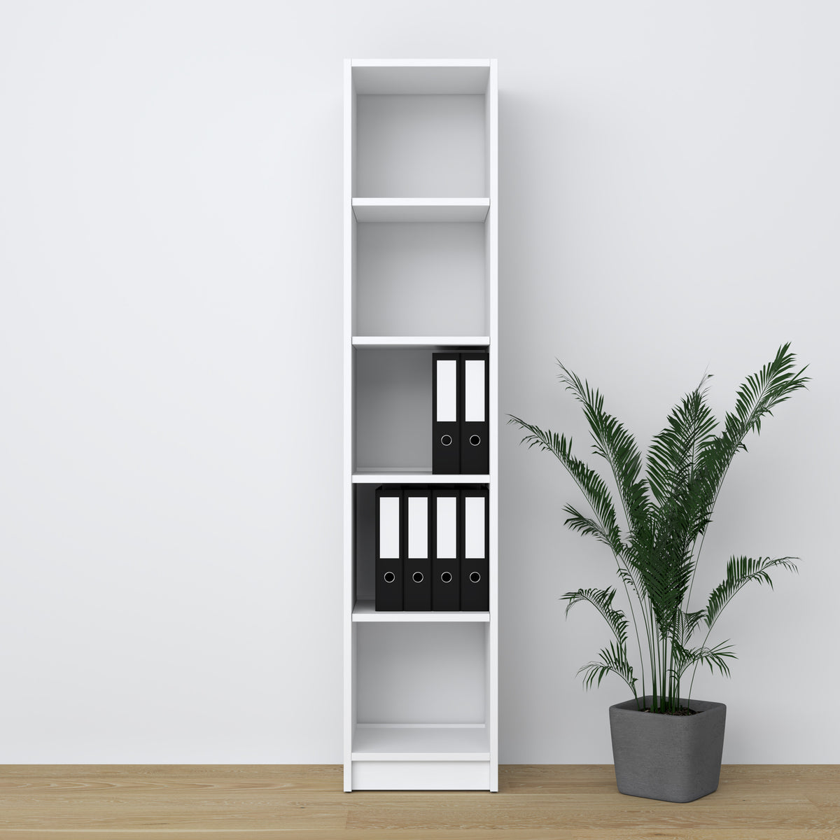 Bookcase white made of wood – side view, depth and profile