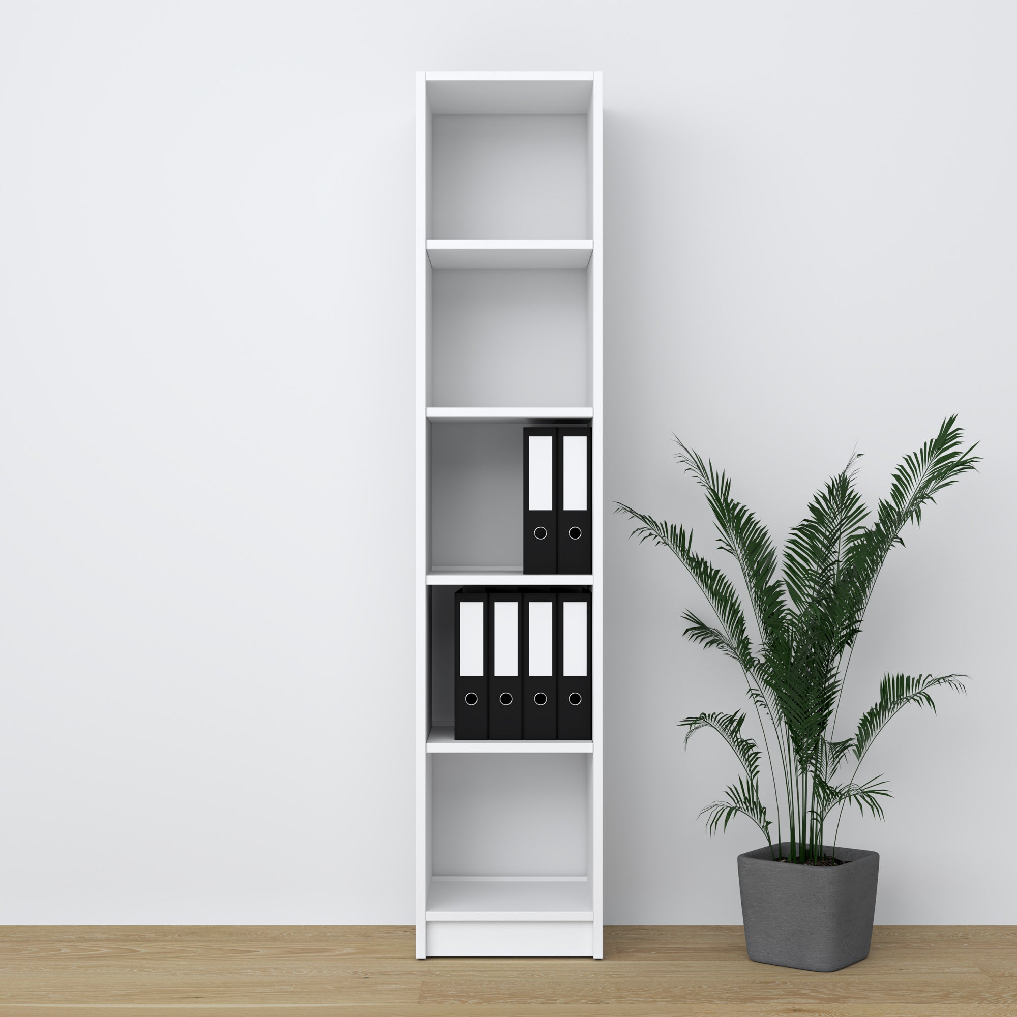 Bookcase white made of wood – side view, depth and profile