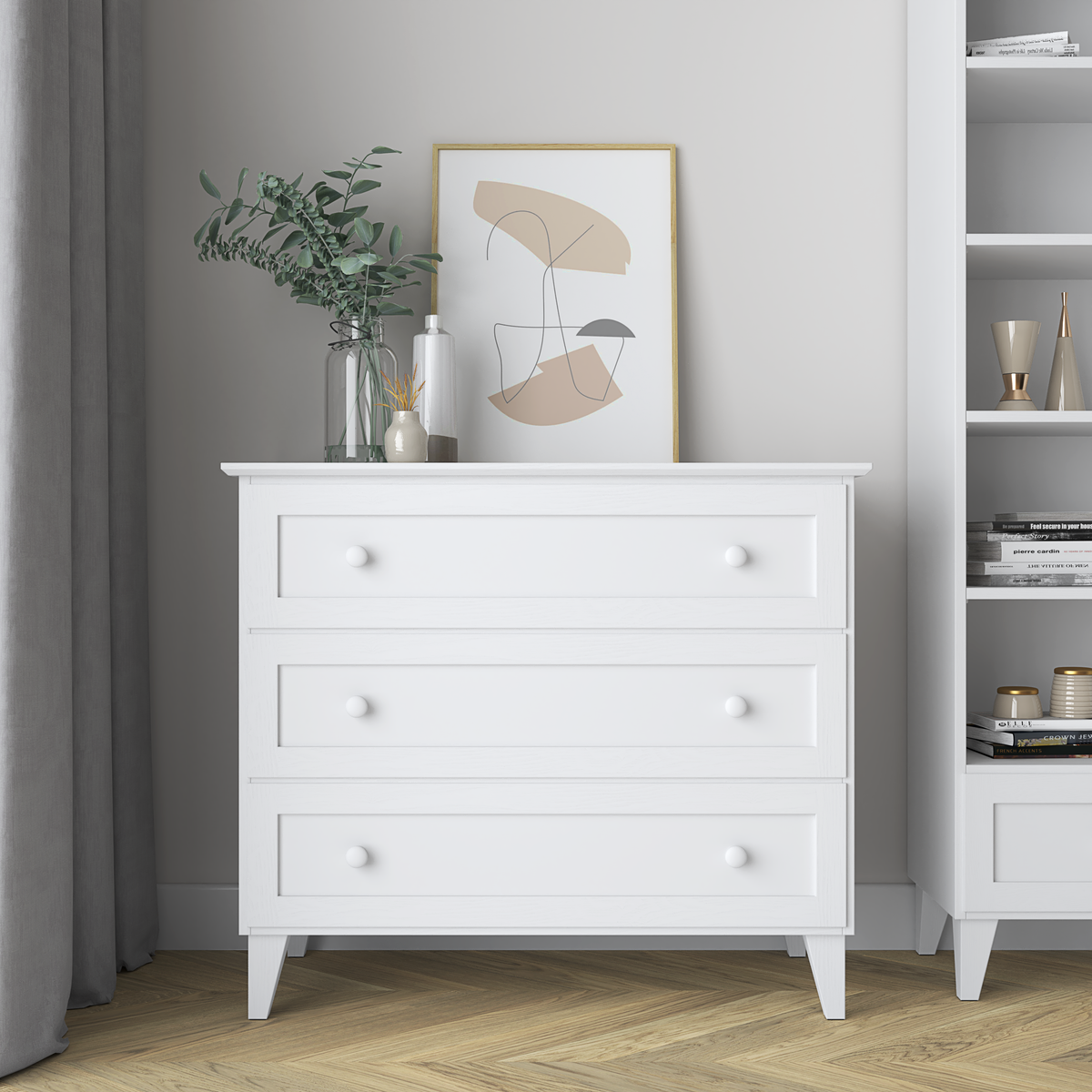 Cassettiera 3S in legno bianco – cassetti aperto, capiente ambiente vani