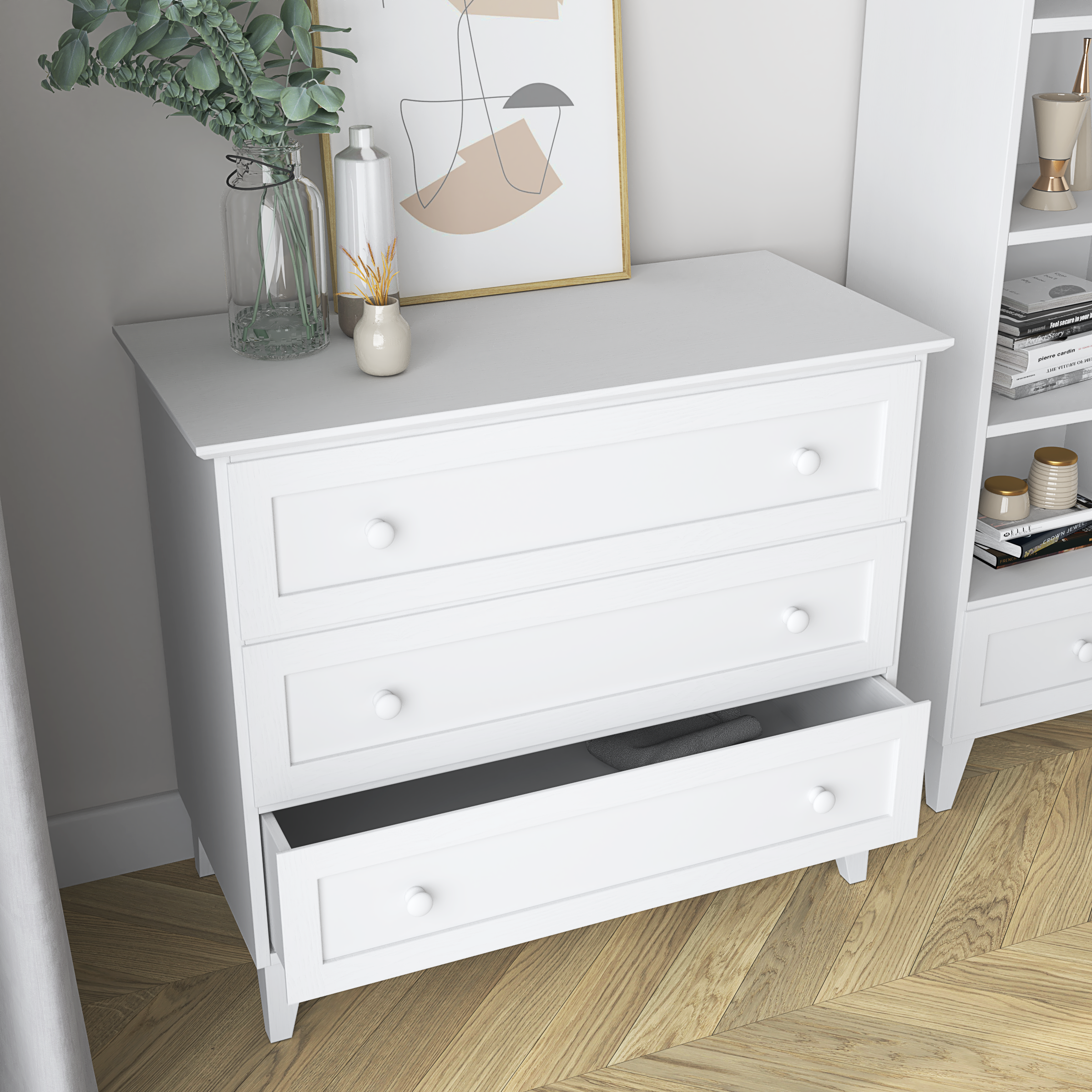 Cassettiera 3S bianco in legno – vista laterale, volume del mobile del mobile compatto