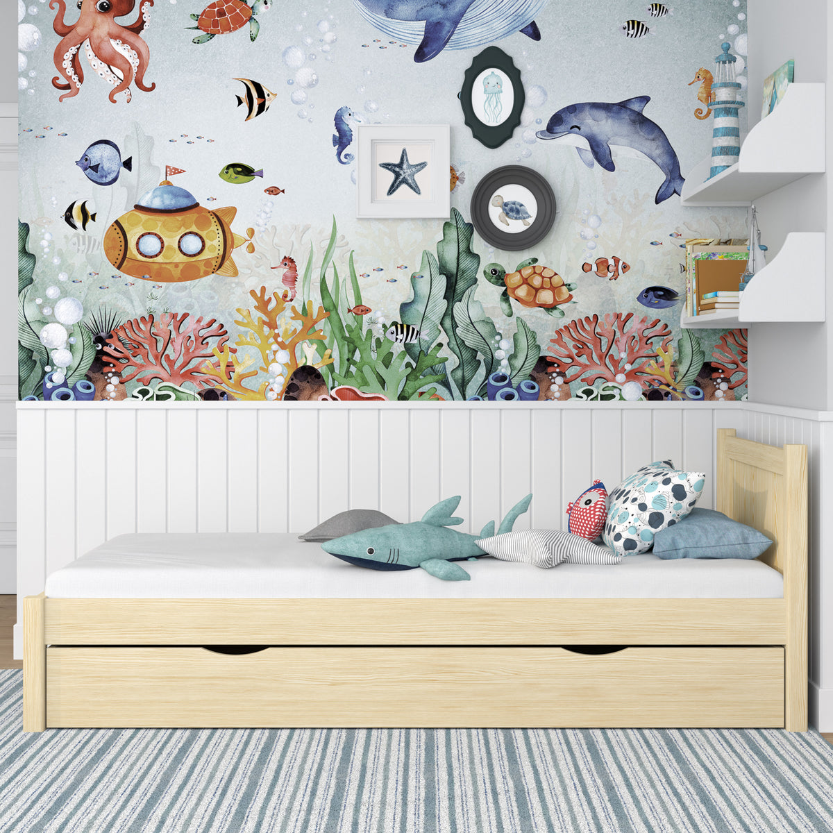 Letto pino trasparente con cassetto – vista laterale, in legno, Nizio Home