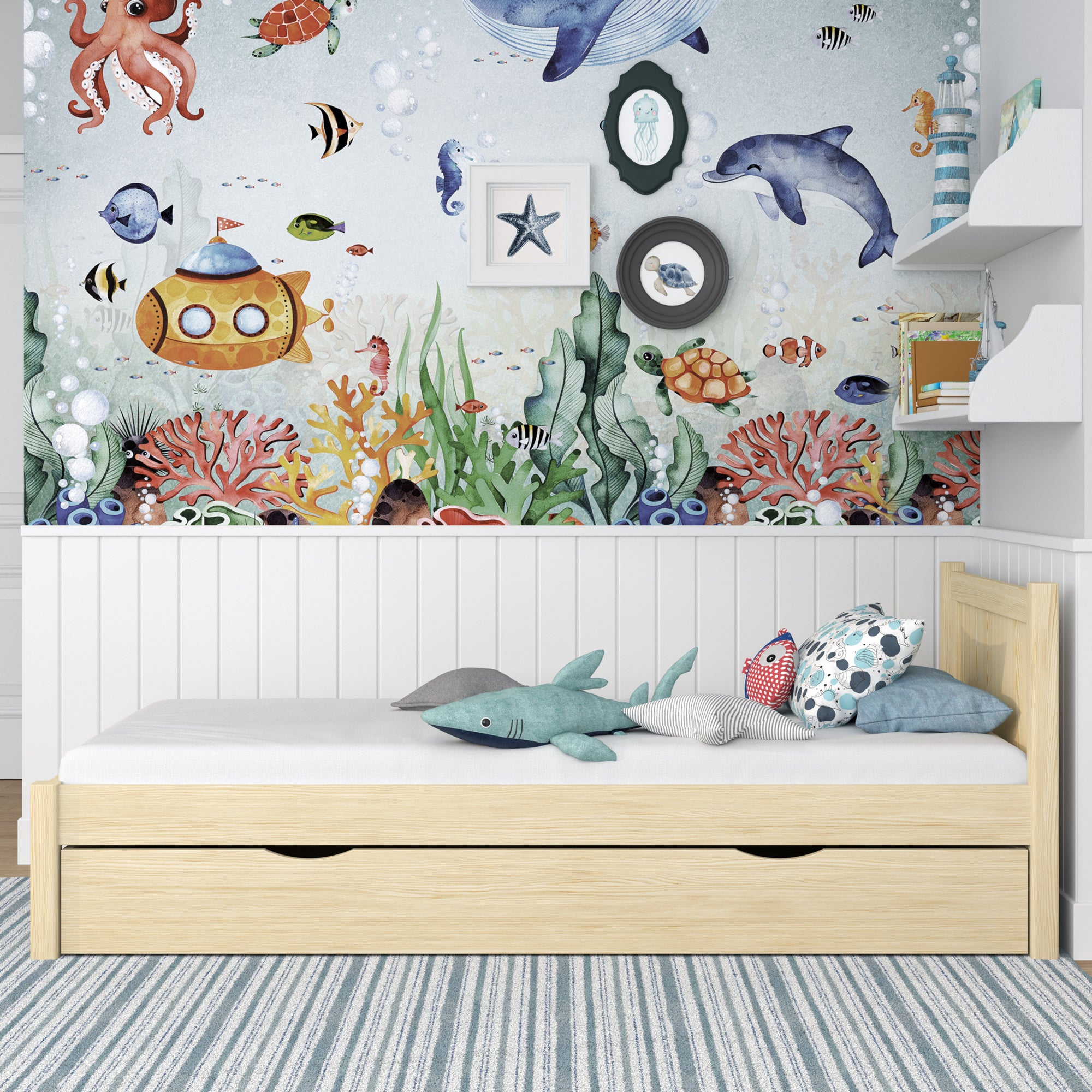 Letto pino trasparente con cassetto – vista laterale, in legno, Nizio Home