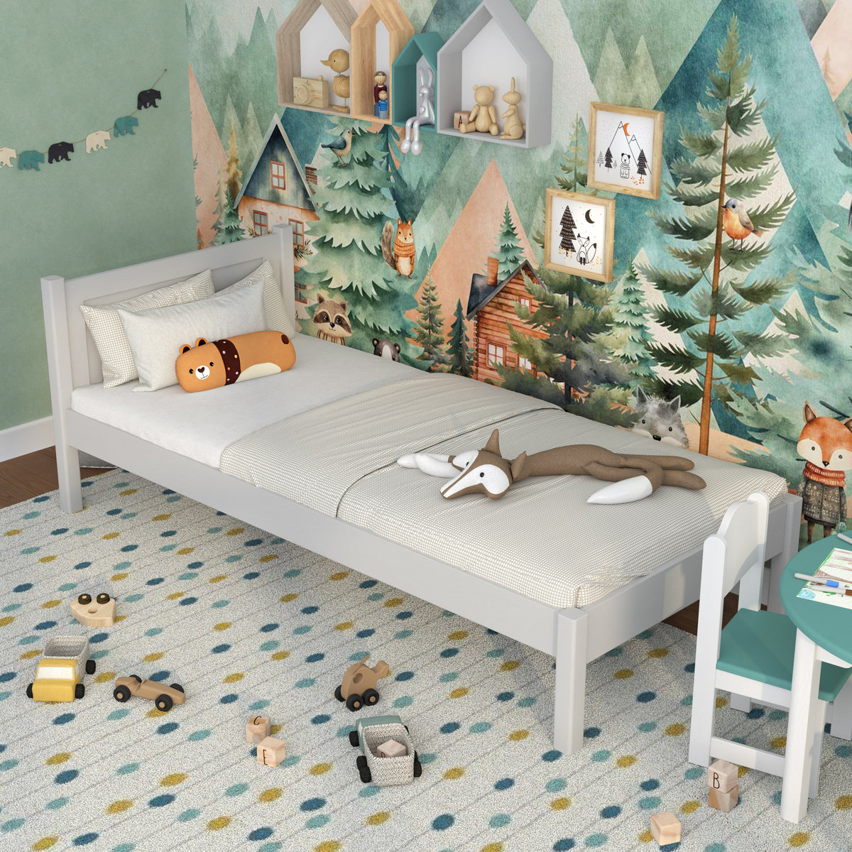 Letto grigio in nella cameretta dei bambini – allestimento scandinava, in legno