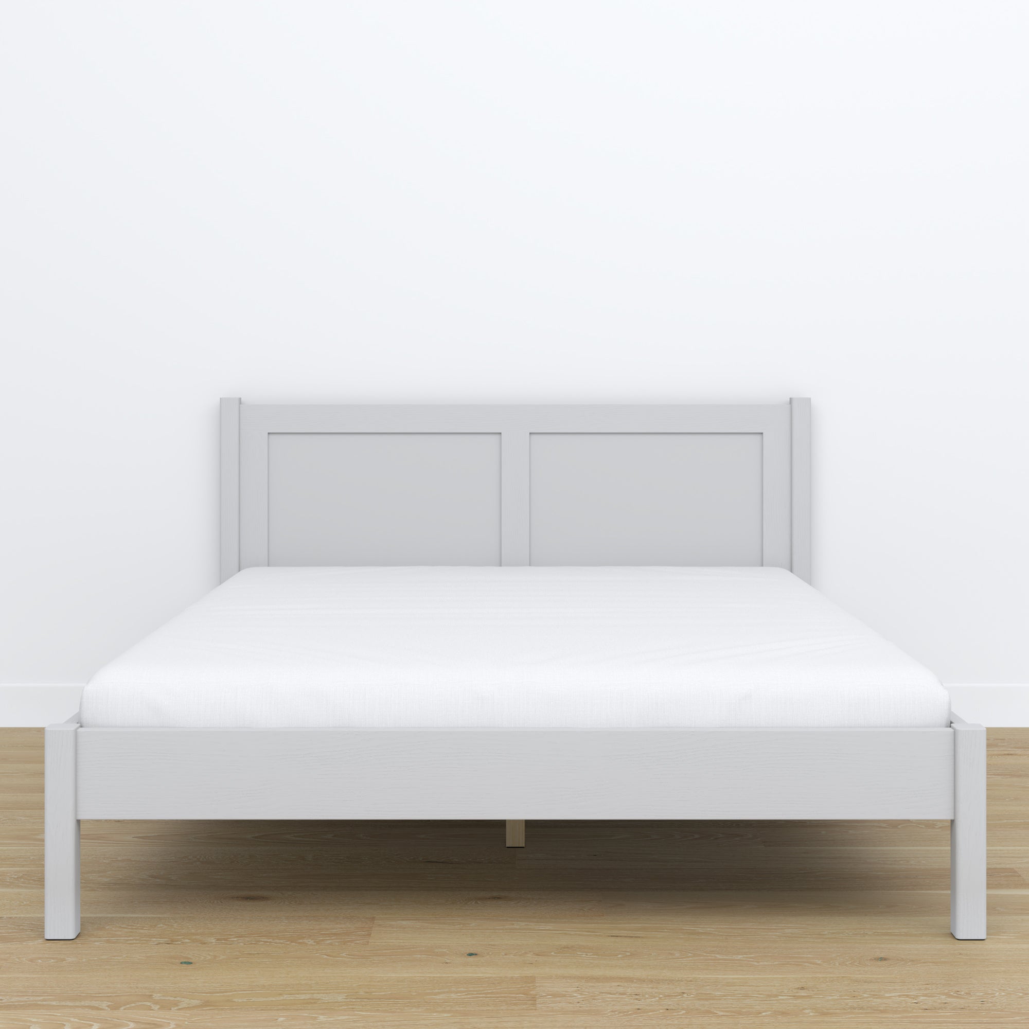 Letto matrimoniale in legno grigio – vista laterale, proporzioni e volume del mobile del mobile, camera da letto