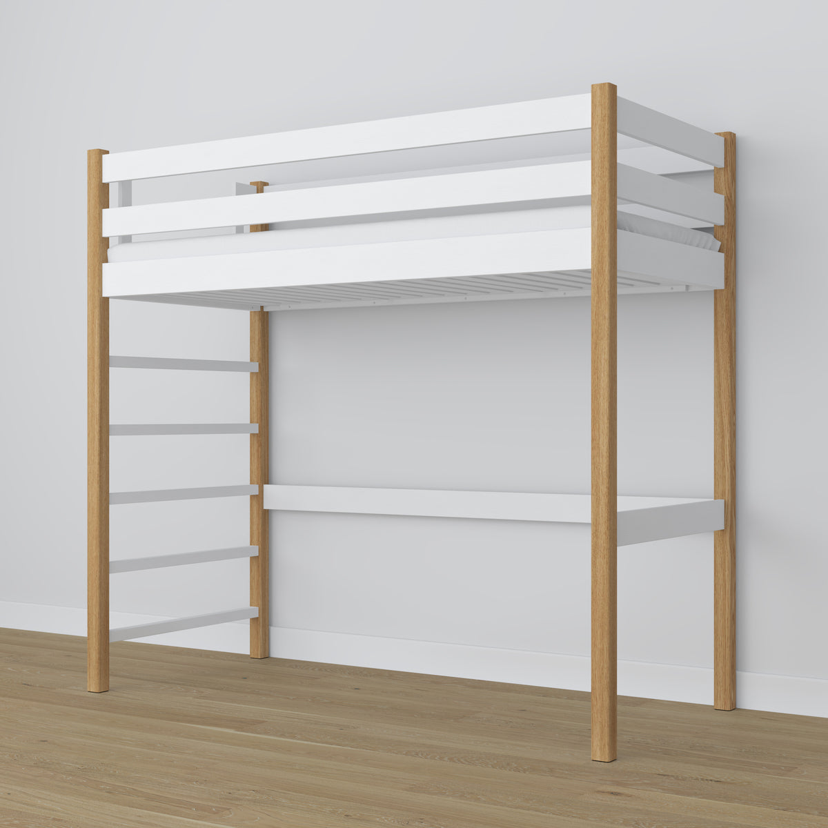 Letto a soppalco bianco-quercia in legno – dimensioni e schema, Nizio