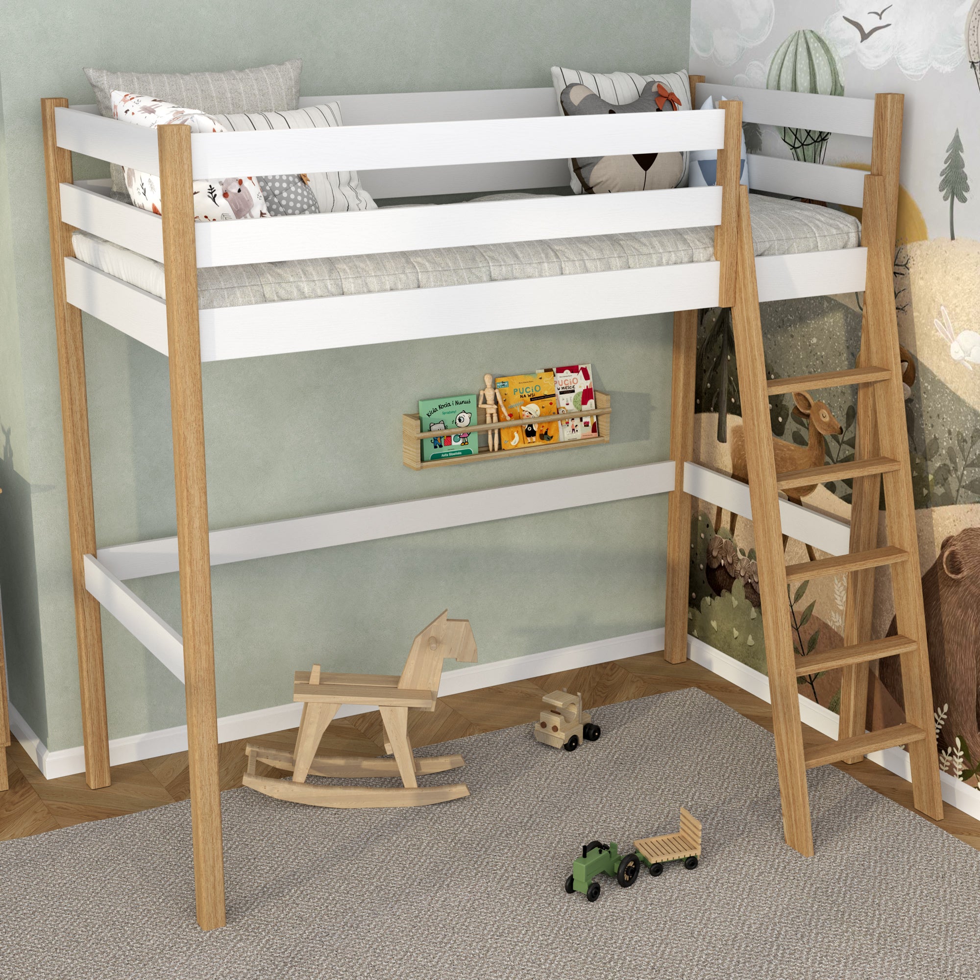 Letto a soppalco bianco-quercia in nella cameretta dei bambini – allestimento scandi, in legno