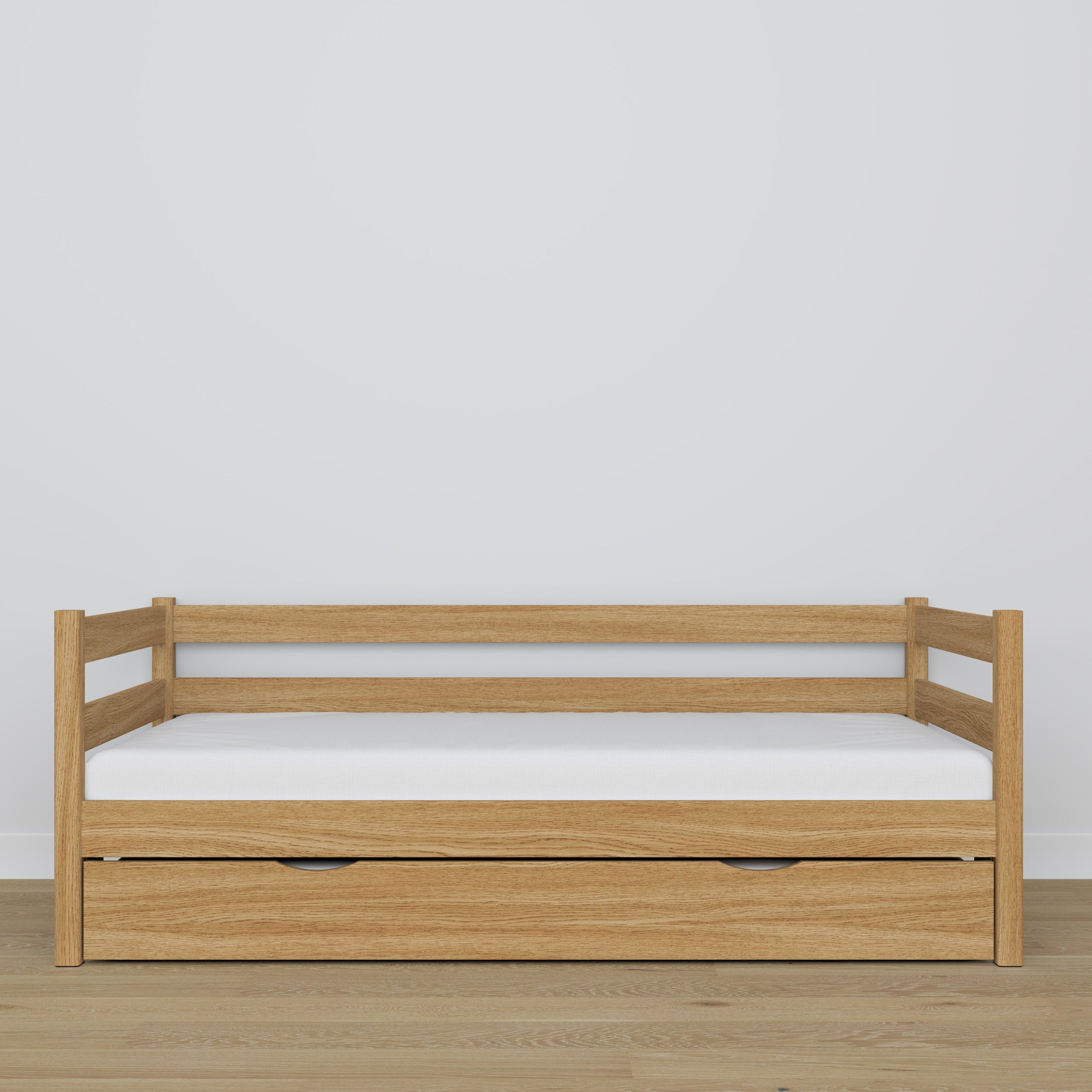 Łóżko sofa z szufladą na materac N01 dąb naturalny – dodatkowy widok, lite drewno dębowe