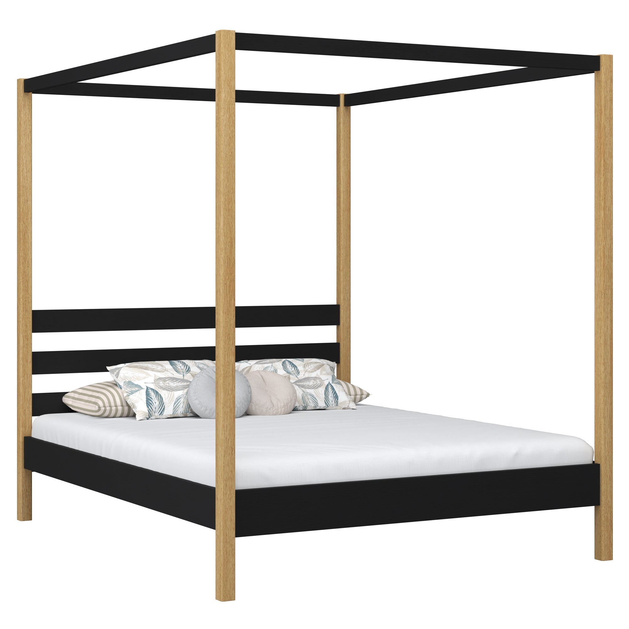 Double bed with canopy black and oak – wooden slatted frame and slats, Nizio