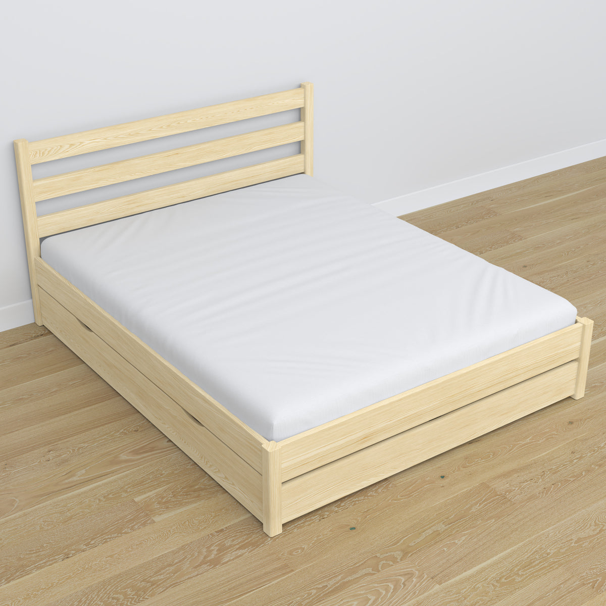 Double bed clear pine – wooden legs and base, close-up