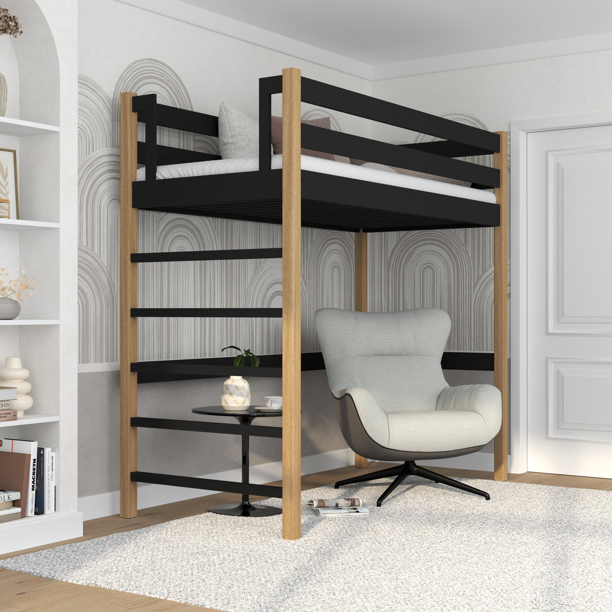 Black and Oak Wooden Loft Bed – Free Space Under the Sleeping Area, Nizio