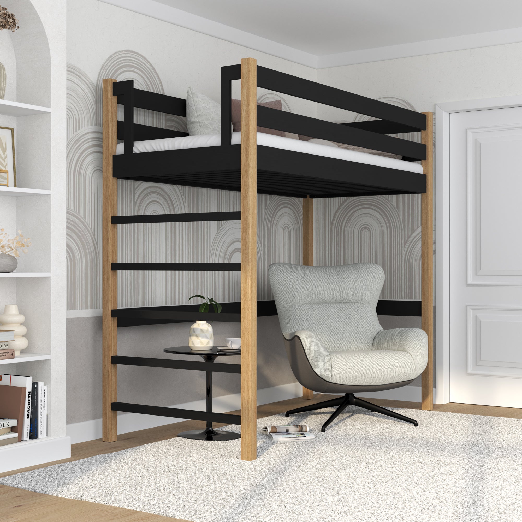 Black and Oak Wooden Loft Bed – Free Space Under the Sleeping Area, Nizio