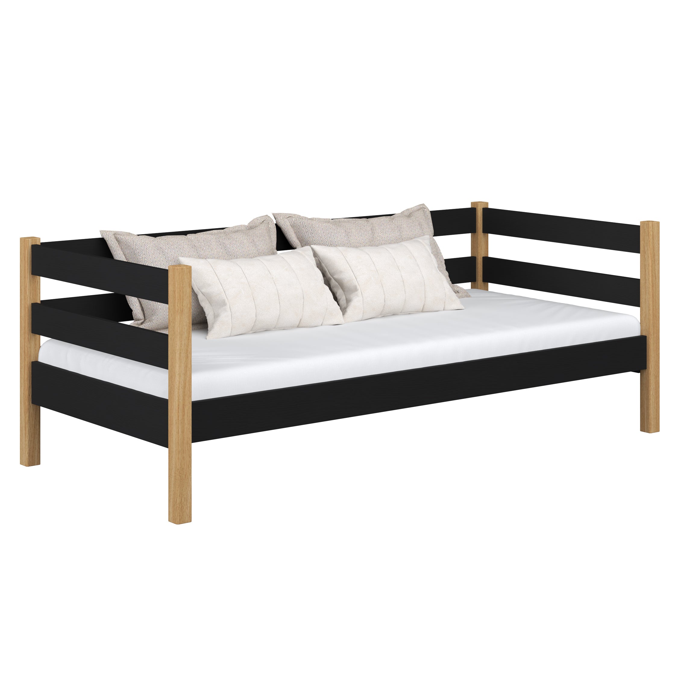 Letto divano nero-quercia in nella cameretta dei bambini – allestimento scandi, in legno