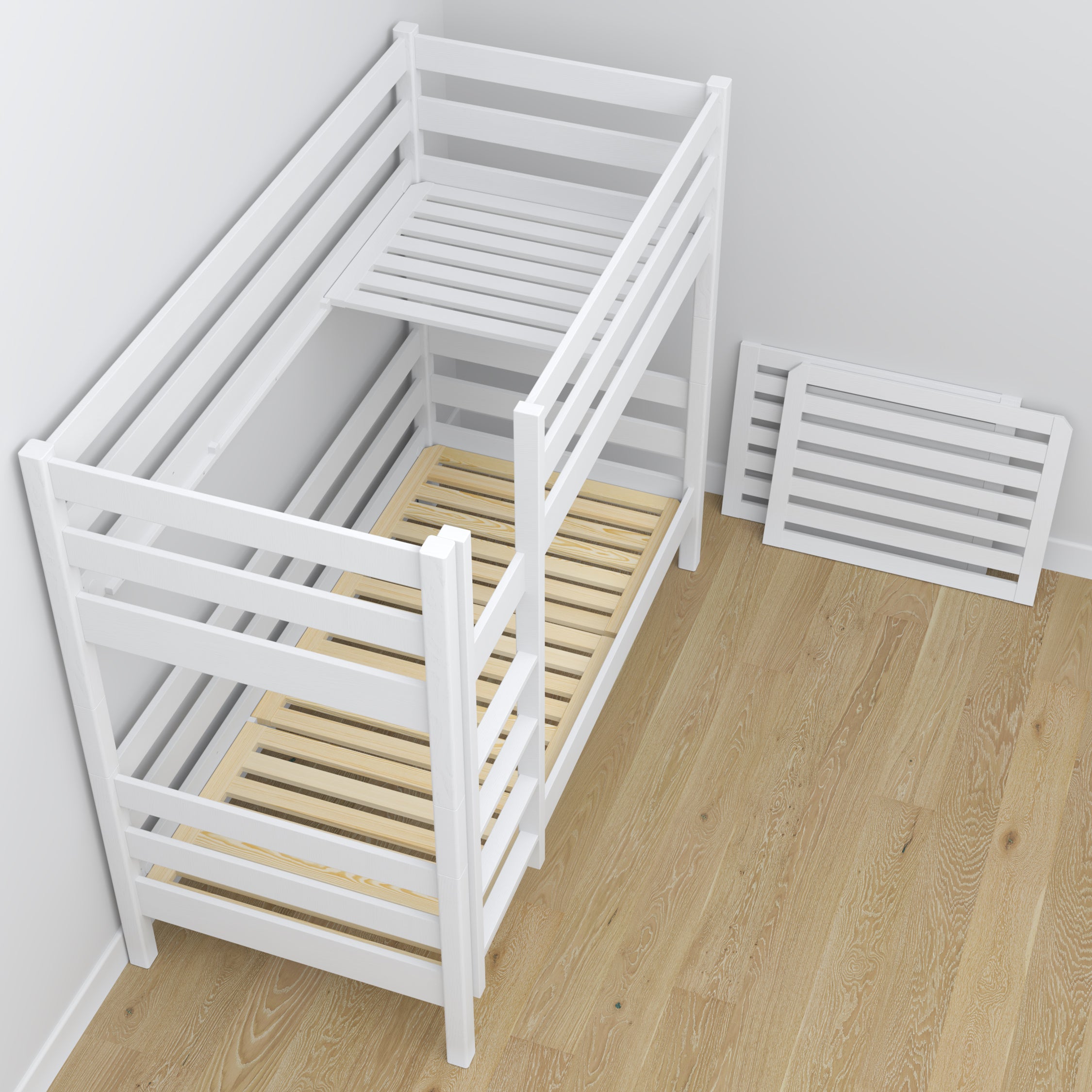 Bunk Bed with Mattress Drawer White Wooden – Solid Wood, Scandi Style