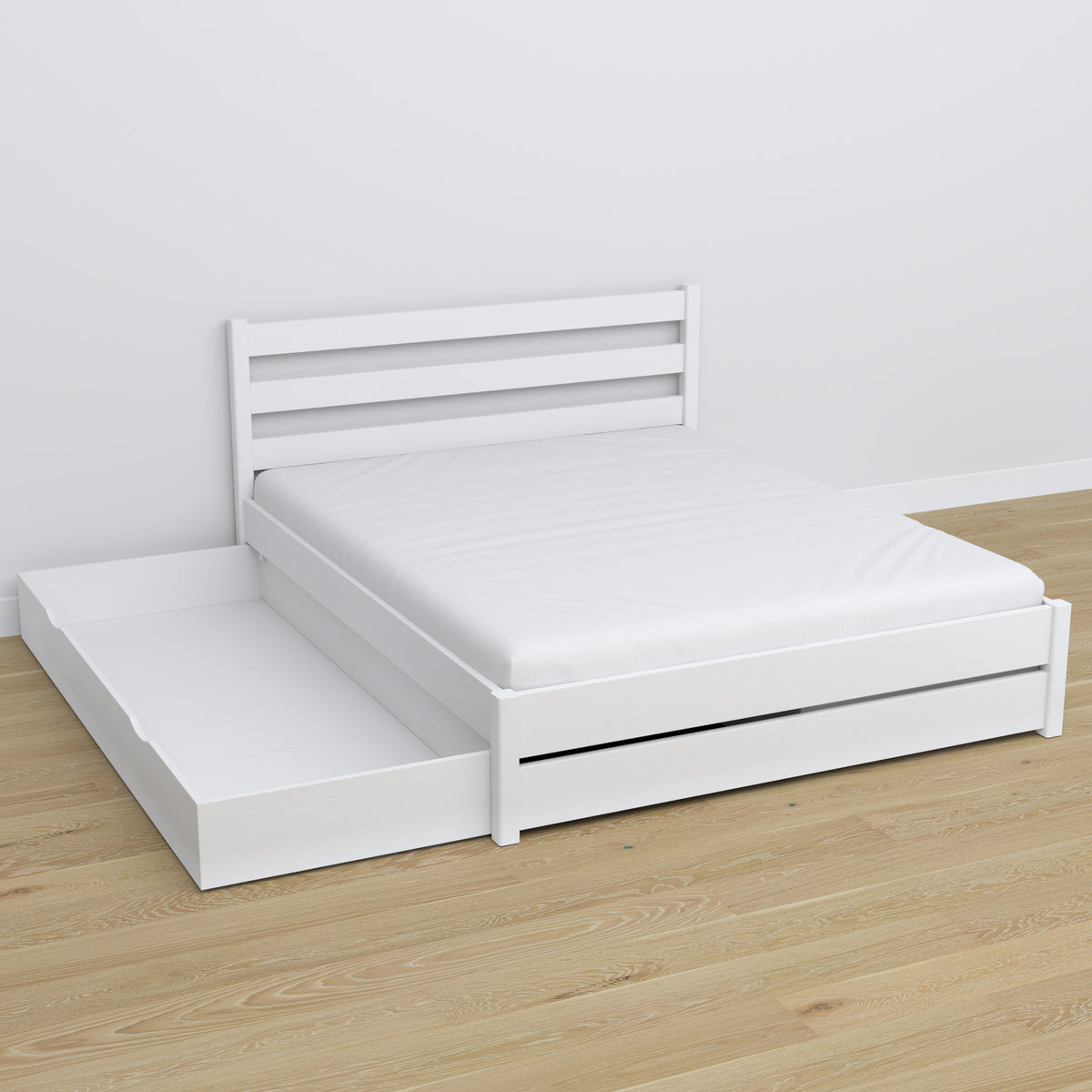 Letto matrimoniale con cassetto in legno bianco – cassetto aperto, capiente ambiente