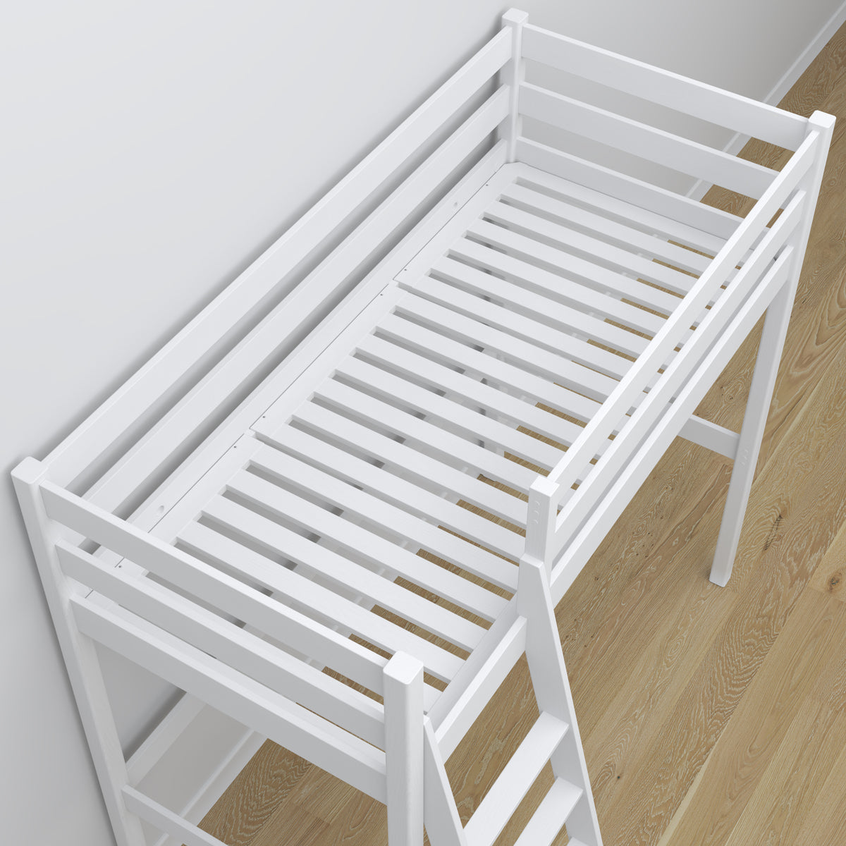Letto a soppalco bianco in legno – vista dall'alto su camera da letto, Nizio