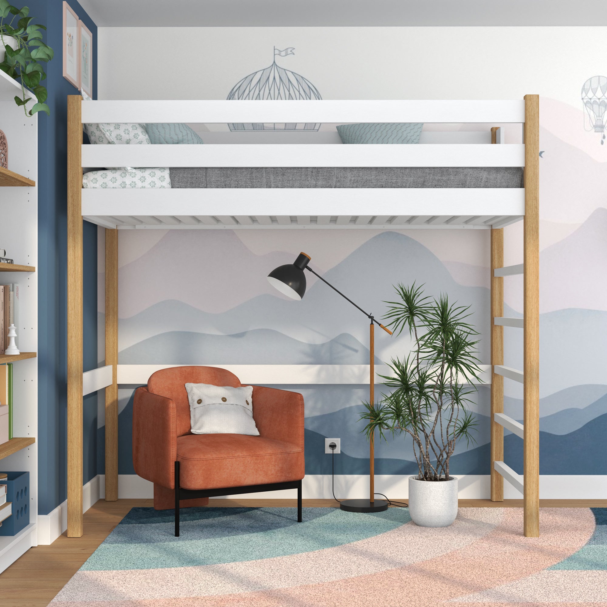 Letto a soppalco in legno bianco-quercia – stanza per bambini, legno massello, stile scandi