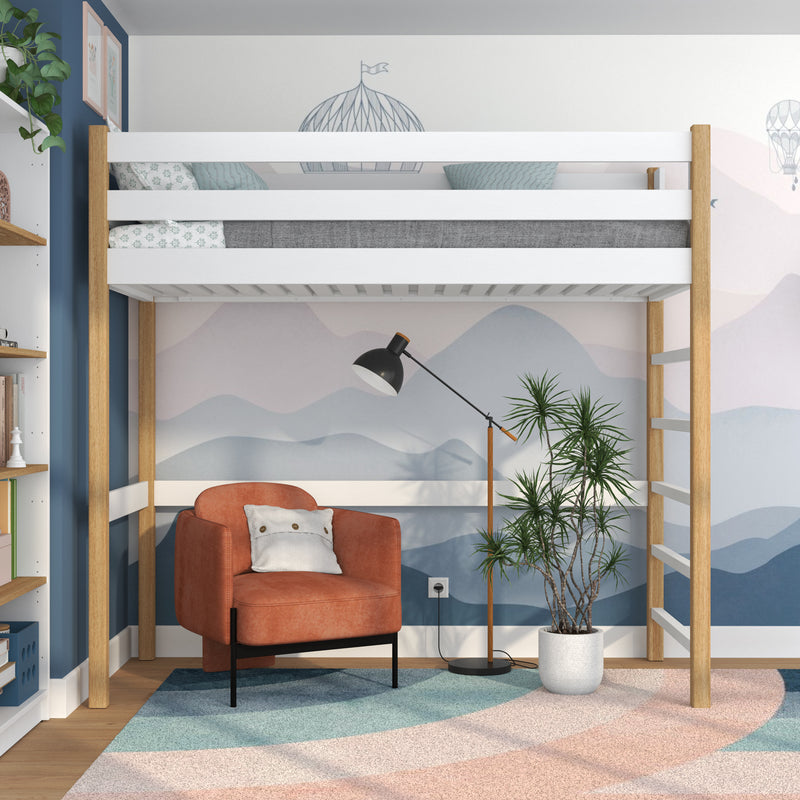 Letto a soppalco in legno bianco-quercia – stanza per bambini, legno massello, stile scandi