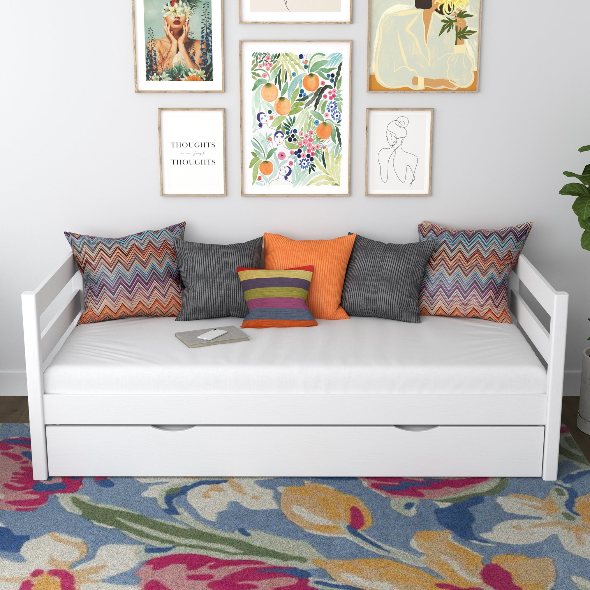 Łóżko sofa biały – boczna bariera drewniane, widok boczny, Nizio
