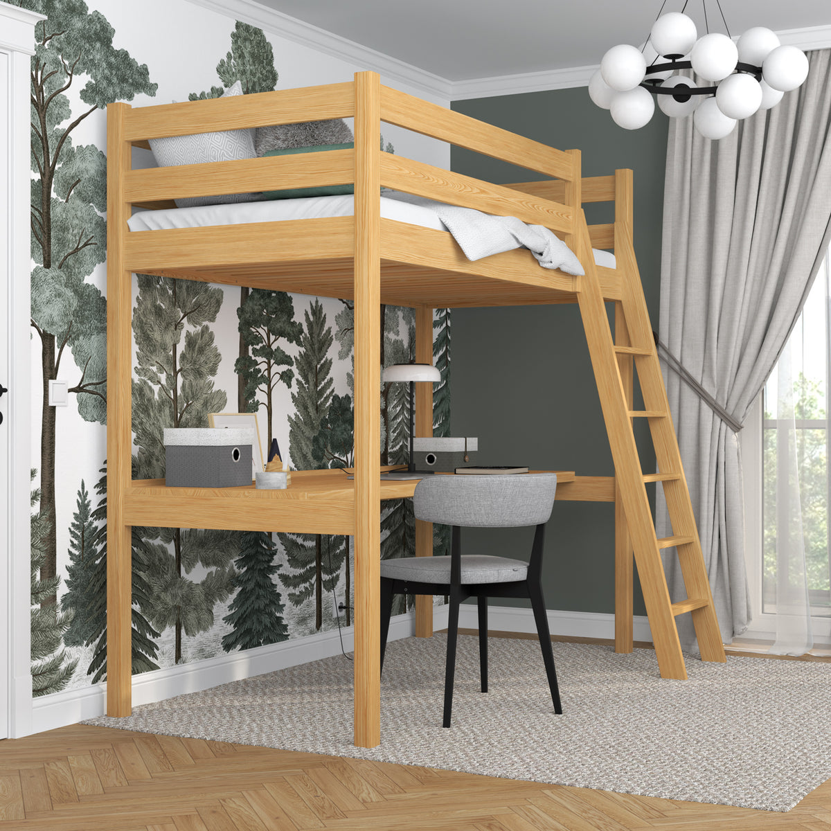 Loft bed natural pine – wooden desk under the sleeping area, scandi children’s room