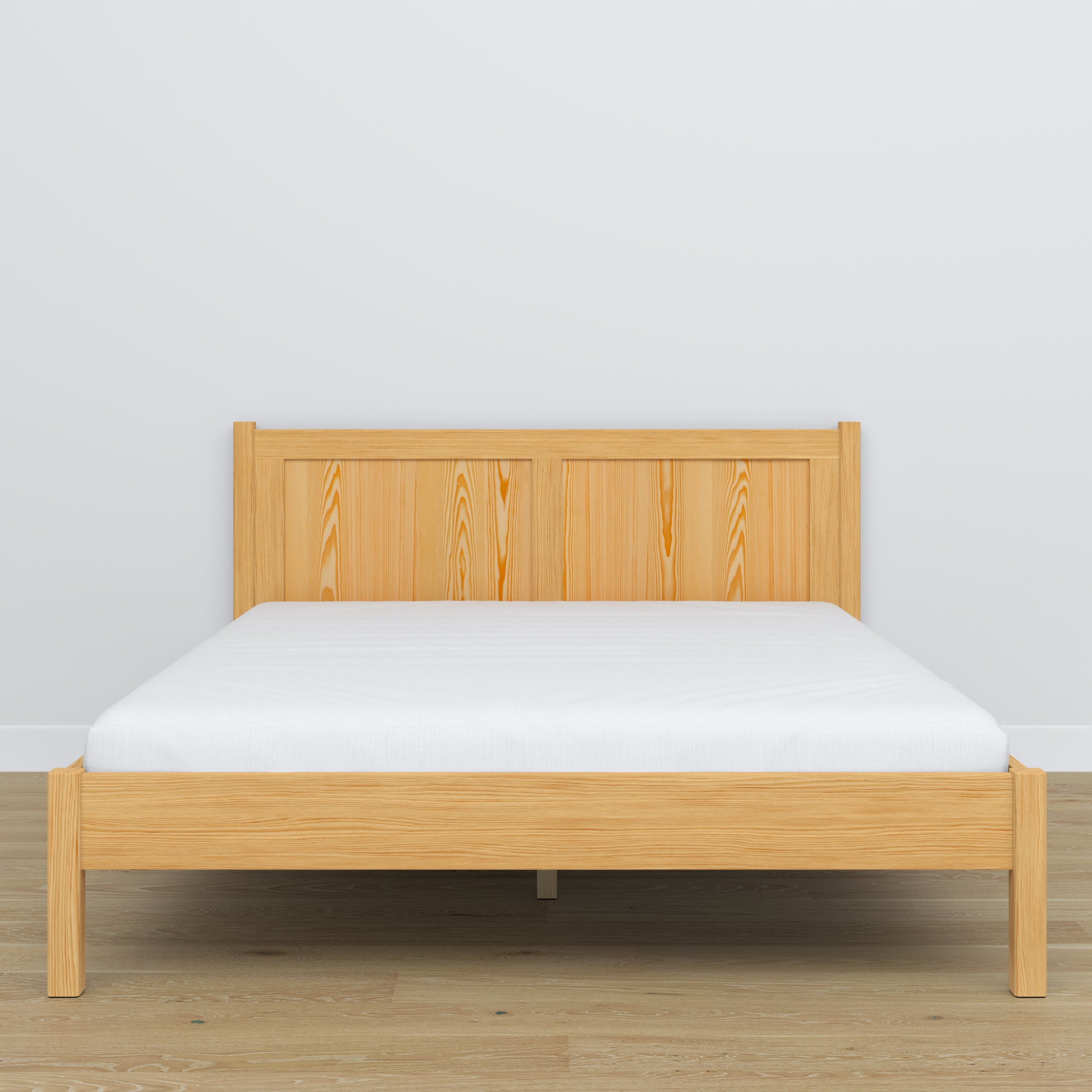 Letto matrimoniale in legno pino naturale – vista laterale, proporzioni e volume del mobile del mobile, camera da letto