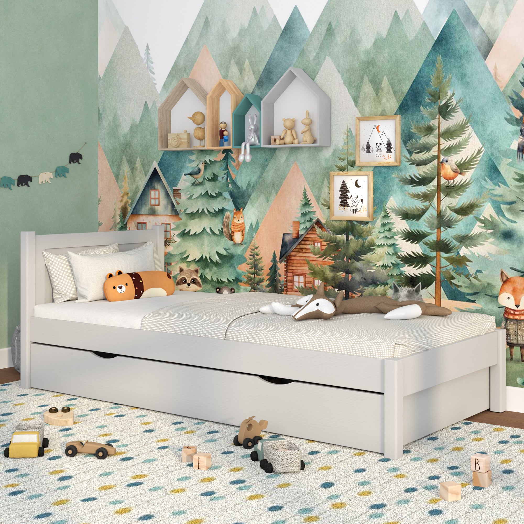 Letto singolo con cassetto in legno grigio – stanza per bambini, stile scandi